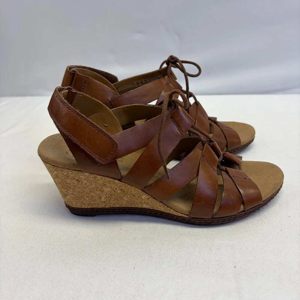 Clarks Collection Wedge Sandals Womens Size 8 Brown Leather Lace Up Cork Comfort
